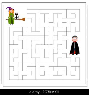 Ein Puzzle-Spiel für Kinder, ein Labyrinth. dracula und die Hexe, Halloween. Vektordarstellung isoliert auf weißem Hintergrund. Stock Vektor