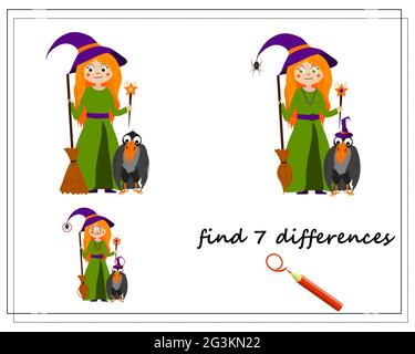 Spiel für Kinder finden den Unterschied, Cartoon Hexe mit einem Besen und einem Zauberstab, Halloween. vektor isoliert auf einem weißen Hintergrund. Stock Vektor