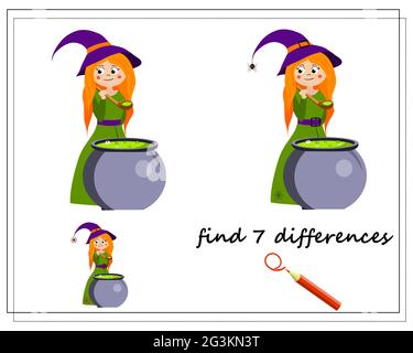 Finden Sie den Unterschied Spiel für Kinder, Cartoon Hexe und Trank Topf, Halloween. vektor isoliert auf einem weißen Hintergrund. Stock Vektor