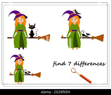 Spiel für Kinder finden den Unterschied, Cartoon Hexe auf einem Broomstick mit einer Katze sitzen, Halloween. vektor isoliert auf einem weißen Hintergrund Stock Vektor