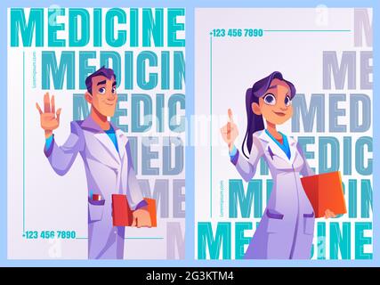 Medizinplakate mit Ärzten in professioneller Uniform. Vektorflyer mit Cartoon-Illustration von Menschen im weißen Mantel, Krankenhaus oder Klinik medizinisches Personal, Ärzte, Chirurgen oder Zahnärzte Stock Vektor
