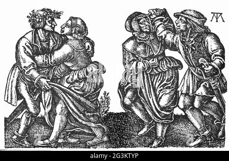 Tanz, Stalltänze, tanzende Bauern, Kupferstich von Martin treu, um 1540, DAS COPYRIGHT DES KÜNSTLERS MUSS NICHT FREIGEGEBEN WERDEN Stockfoto