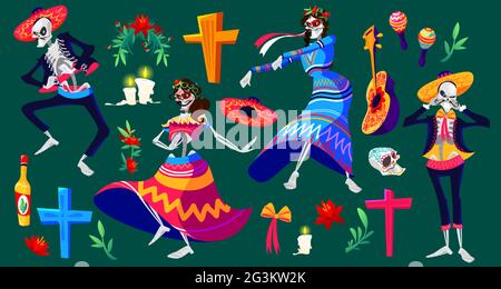 Mexikanischer Tag der Toten, Dia de los muertos Skelette Figuren und Urlaubsartikel. Tanzende Catrina und Mariachi-Musiker, Zucker Schädel, Kreuz, Blumen und brennende Kerzen Cartoon-Vektor-Illustration Stock Vektor