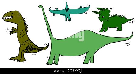 Satz von Dinosauriern Pterodactyl, tyrannosaurus, triceratops, diplodocus. Vektor-Illustration für Banner, Poster, Design für Kinder. Farbemoji, stic Stock Vektor