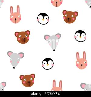 Kawaii Tiere nahtloses Muster. Niedliches Kaninchen, Maus, Pinguin, Bär mit lustigem Gesicht isoliert auf weißem Hintergrund. Vektorfiguren Emoji, Kinder cl Stock Vektor