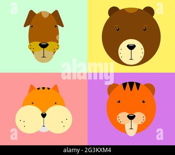 Kawaii Tiere Gesichter gesetzt. Niedlicher Hamster, Tiger, Bär, Hund auf pastellfarbenem Hintergrund. Stilisierte Tiere mit charakteristischen Merkmalen. Kindermaskottchen prin Stock Vektor