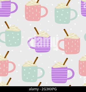 Nahtloses niedliches skandinavisches Vektormuster. Ein rosa Becher mit Ornament ist mit heißem Getränk, Schaum, Creme, Zimt gefüllt. Eiernang, Kaffee, Kakao, Schokolade Stock Vektor