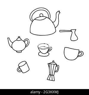 Handgezeichnete Teekannen-Set mit Doodle. Umriss Kessel, Tasse, Moka, turka auf weißem Hintergrund. Gemütliche Küchenutensilien, Küchenutensilien, Geschirr für Tee, Kaffee, Getränke Stock Vektor