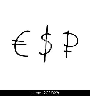 Satz von Doodle-Währungszeichen. Symbol Dollar, Euro, Rubel isoliert auf weißem Hintergrund. Handgezeichnete Geldsymbole verschiedener Länder, Währung, Bargeld Stock Vektor