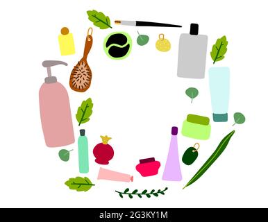 Skandinavischer Vektor-Satz von Kosmetika und Pflanzen. Farbkranz von Verpackungen, Flaschen, Tuben mit Kosmetik, Shampoo, Seife, Creme, Maske, Pflaster. Kopie sp Stock Vektor