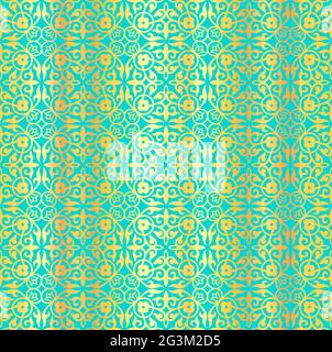 Nahtloses Vektor-Goldenes Muster. Goldene Locken, Weben, Blumen auf blauem Hintergrund. Helle leuchtende Ornament im arabischen Stil für Tapeten, Textilien Stock Vektor
