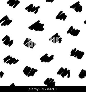 Nahtloses skandinavisches Muster. Schwarze, von Hand gezeichnete Flecken isoliert auf weißem Hintergrund. Dezente, kuschelige Verzierung. Vektorgrafiken mit Striche f Stock Vektor