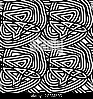 Nahtloses, abstraktes Streifenmuster. Schwarz-weiß verwickelte Linien. Unordentliche Streifen. Monochromer Knoten, Clew-Rolle. Geometrisches memphis-Bild. Vektorgrafik Stock Vektor