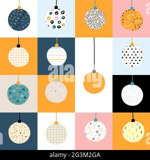 Neues Jahr Vektorfarbe nahtlose Muster. Weihnachtskugeln mit skandinavischen Ornamenten auf quadratischen Hintergrund. Hell festlich niedlich Stock Illustration wi Stock Vektor