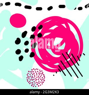 Nahtloses Vektor-skandinavisches Muster. Blau, rosa, schwarze Kugeln, Sterne, Punkte, Flecken, Streifen auf weißem Hintergrund. Helle unordentliche Linie Kunst. Hübsch verwickelt Stock Vektor