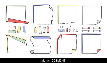 Doodle handgezeichnete Memonotizen und Erinnerungsvektor-Llustrationsset. Einfache Zeichnung Doodle Stil Skizzen von quadratischen Papierblättern mit gebogenen Ecken geschnitten Stock Vektor