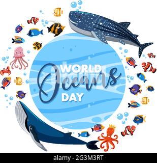 World Ocean Day Banner mit vielen verschiedenen Meerestieren Illustration Stock Vektor