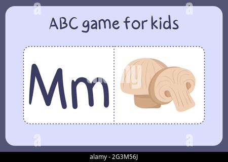 Kind Alphabet Mini-Spiele im Cartoon-Stil mit dem Buchstaben M - Pilz. Vektor-Illustration für Spiel-Design - Schneiden und spielen. Lerne abc mit Flash-Karten für Obst und Gemüse. Stock Vektor