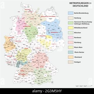 Karte der elf deutschen Metropolregionen in deutscher Sprache Stock Vektor