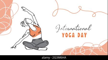 Internationaler Yoga Tag minimalistischer Vektor Banner, Poster, Hintergrund. .eine ununterbrochene Linienkunstzeichnung der Frau. Welt Yoga Tag einfaches Banner Stock Vektor