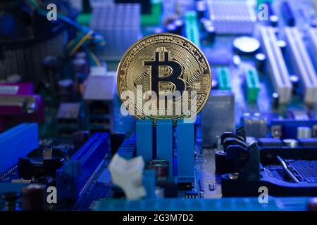 Goldene Bitcoin-Münze auf einem deutlich sichtbaren Hintergrund von Mikrochips und Funkkomponenten in blauem Licht. Neues digitales Kryptowährungskonzept Stockfoto