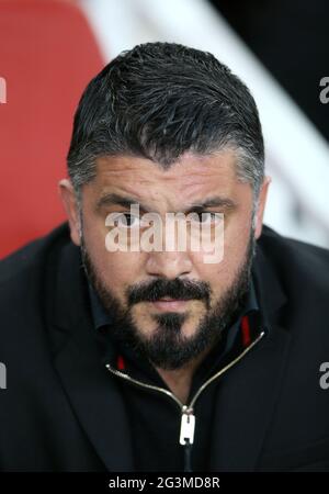 Datei-Foto vom 15-03-2018 des AC Mailand-Managers Gennaro Gattuso während der UEFA Europa League Runde von 16, zweites Beinspiel im Emirates Stadium, London. Ausgabedatum: Donnerstag, 17. Juni 2021. Stockfoto