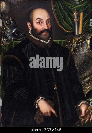 Guidobaldo II della Rovere (1514-1574), Herzog von Urbino, mit seiner Rüstung, Porträtmalerei von Filippo Negroli, 1580-1585 Stockfoto