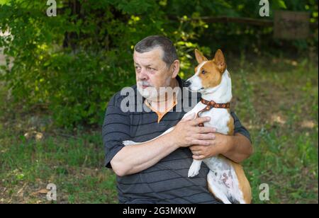 Bärtiger älterer Mann, der am gleichen Punkt mit dem basenji-Hund guckte, während er ihn in die Hände nahm, wenn er sich im Sommerpark ausruhte Stockfoto