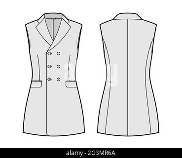 Ärmellose Jacke Revers Weste technische Mode-Illustration mit zweireihigen taillierten Body, Taschen. Flache Schablone vorne, hinten, graue Farbgebung. Damen, Herren Unisex TOP CAD Mockup Stock Vektor