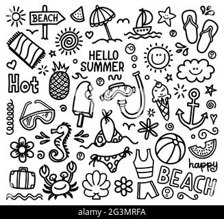 Sommerkritzel. Handgezeichnetes Sommer-Icon-Set. Niedliche Karikatur Zeichnung. Malseite. Vektorgrafik Stock Vektor