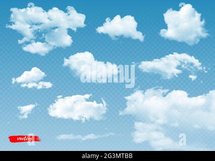 Durchsichtige Wolken. realistische 3d-Vektordarstellung von Wolken auf transparentem Hintergrund. Stock Vektor