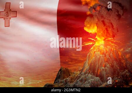 Großer Vulkanausbruch in der Nacht mit Explosion auf Malta Flagge Hintergrund, Probleme der Naturkatastrophe und Vulkanasche Konzept - 3D-Illustration von Natu Stockfoto