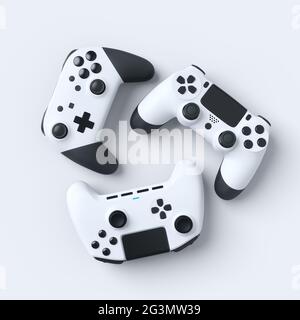 Set von lügenden Gamer-Joysticks oder Gamepads auf weißem Hintergrund Stockfoto