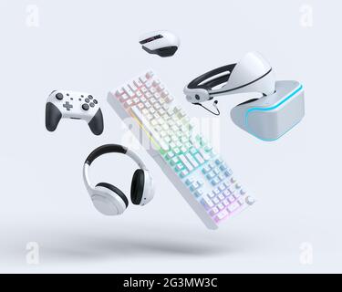 Flying Gamer Zahnräder wie Maus, Tastatur, Joystick, Headset, VR auf weiß Stockfoto