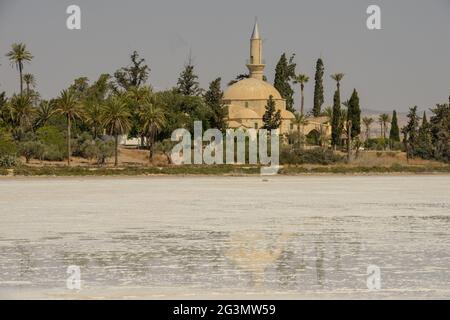 Hala Sultan Tekke mosquee auf dem Salzsee von Larnaca in Zypern Stockfoto
