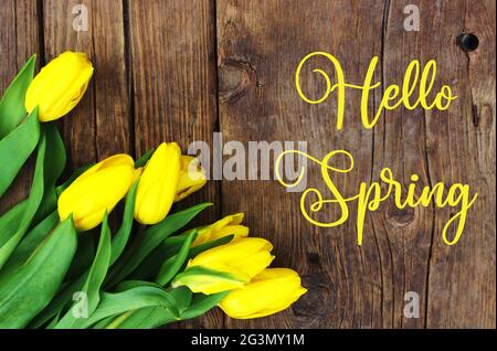 Hallo Frühling, Grußkarte Text mit schönen gelben Frühlingstulpen auf Holz rustikalen Hintergrund . Gelbe Tulpen mit Text Hallo Frühling. Grußkarte. Stockfoto