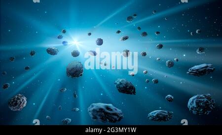 Leerraum im Hintergrund. Astereroidfeld in blauem Nebel mit Lichtstreifen. 3D-Rendering Stockfoto