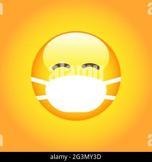 Emoji mit weißer Mundmaske - gelbes Gesicht mit geschlossenen Augen und weißer OP-Maske Stock Vektor
