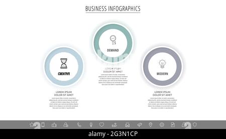 Moderne Vektor-Infografiken mit drei Kreisen. Geschäftsvorlage mit 3 Schritten für Diagramm, Web, Banner, Präsentationen, Flussdiagramm, Inhalte, Ebenen Stock Vektor