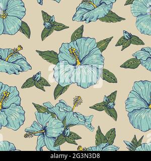Nahtloses Vintage-Muster mit Linien-Art-blauen Hibiskusblüten, Knospen und Blättern, mit dunkelblauem Umriss. Stock Vektor