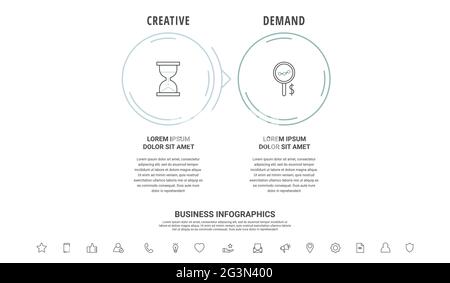 Infografiken für dünne Linien mit zwei Kreisen und Pfeilen. Timeline-Vorlage mit 2 Schritten für die Anwendung, das Unternehmen, die Website, die Benutzeroberfläche, das Diagramm, Ebenen Stock Vektor