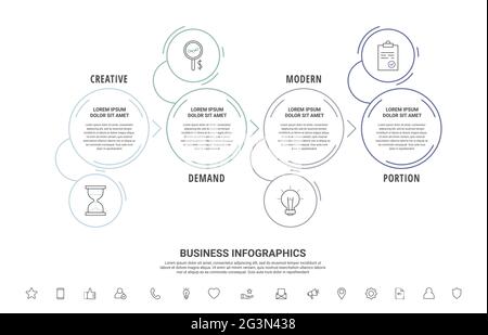 Infografiken für dünne Linien mit vier Kreisen und Pfeilen. Timeline-Vorlage mit 4 Schritten für die Anwendung, das Unternehmen, die Website, die Benutzeroberfläche, das Diagramm, Ebenen Stock Vektor