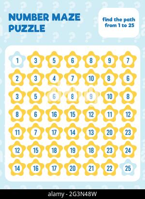 Math Zahl Labyrinth Puzzle. Seite mit mathematischem Arbeitsblatt drucken. Einfache farbenfrohe Mathematik Arbeitsblatt Praxis für Kinder in der Vorschule, Grund-und Mittelschule. Stock Vektor