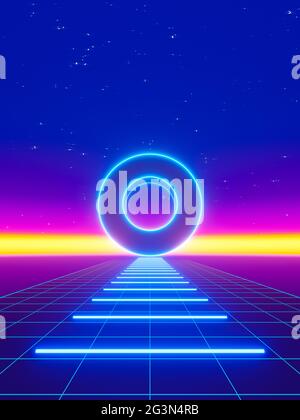 3D-Rendering eines abstrakten Cyberpunk-Raums mit leuchtenden Lichtgittern und einem Kreis mit einem Loch Stockfoto