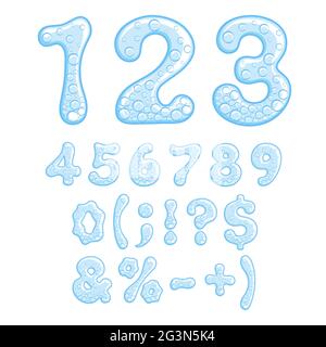 Zahlen und Symbole des sprudelnden Wassers. Vektor isolierte Objekte. Stock Vektor