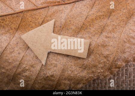 Pfeil aus braunem Papier auf Blatt geschnitten Stockfoto