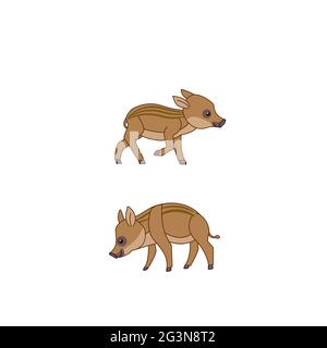 Wildschweine Cartoon-Charakter. Niedliche Ferkel zusammen. Babyschweine in niedlicher Haltung. Vektordarstellung auf weißem Hintergrund isoliert Stock Vektor