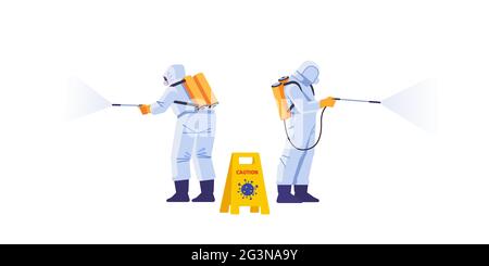 Desinfektion durch Reinigungsservice. Prävention Bekämpfung der Epidemie des Coronavirus covid-2019. Arbeiter im chemischen Schutz desinfiziert das Haus Stock Vektor