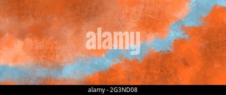 Abstrakter Grunge-Hintergrund mit Tintenflecken in tangeriner Farbe. Orangefarbenes Vintage-Banner aus Farbflecken. Stockfoto