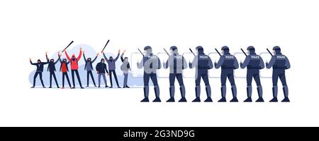 Straßenunruhen Menschenmassen bei einer Demonstration und Polizei in Riot Gear Holding the Line. Wütende Jugendliche protestieren, halten Steine, Rauchbombe und Fledermaus an Stock Vektor